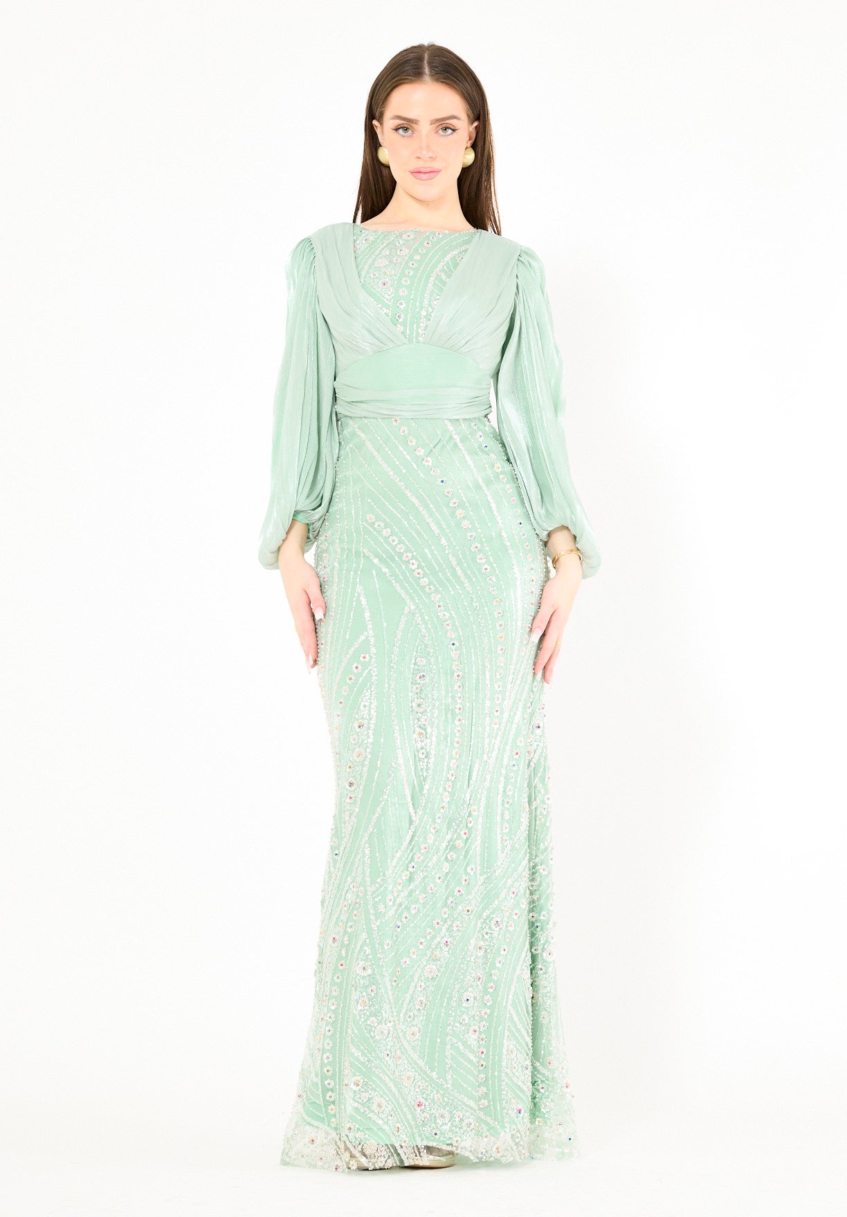 Embellished Fitted Gown with Organza Drape