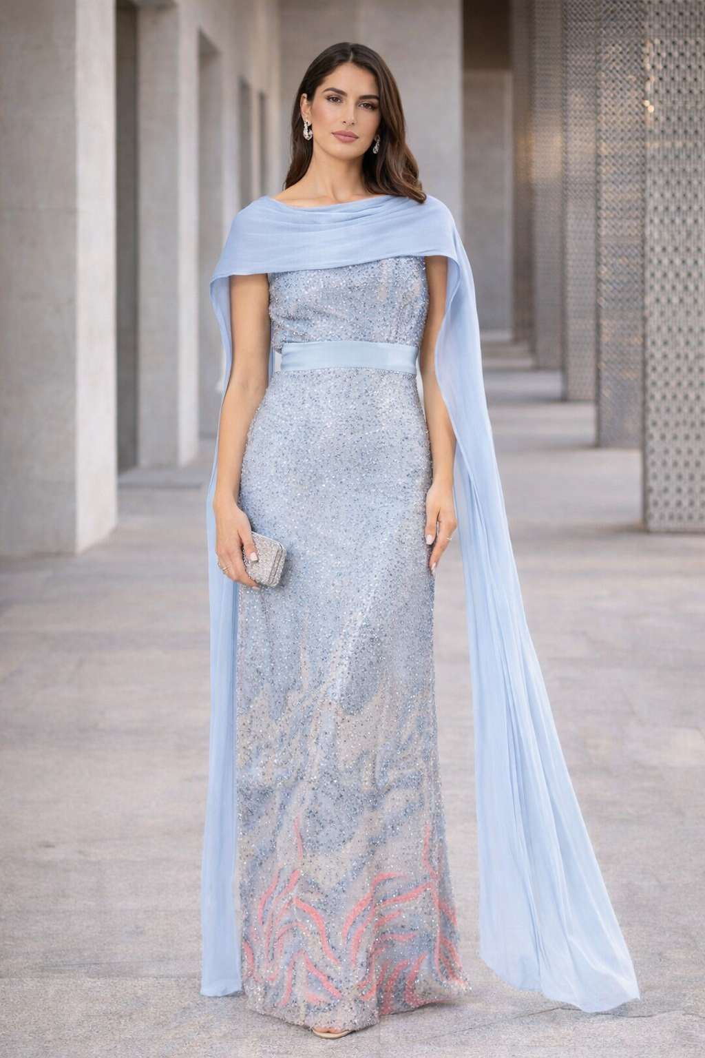 Coral Ombre Sequin Gown with Organza Cape Overlay