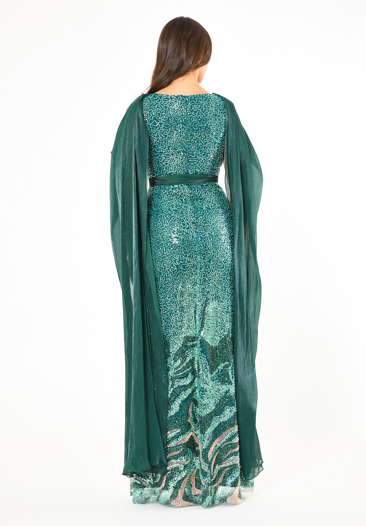 Coral Ombre Sequin Gown with Organza Cape Overlay