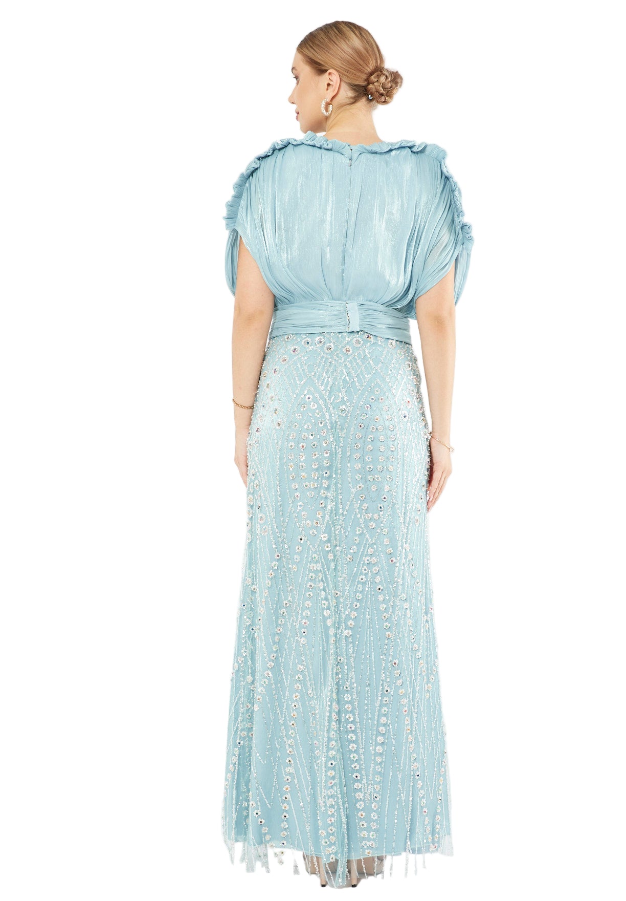 Embellished Blouson Gown with Dramatic Drape