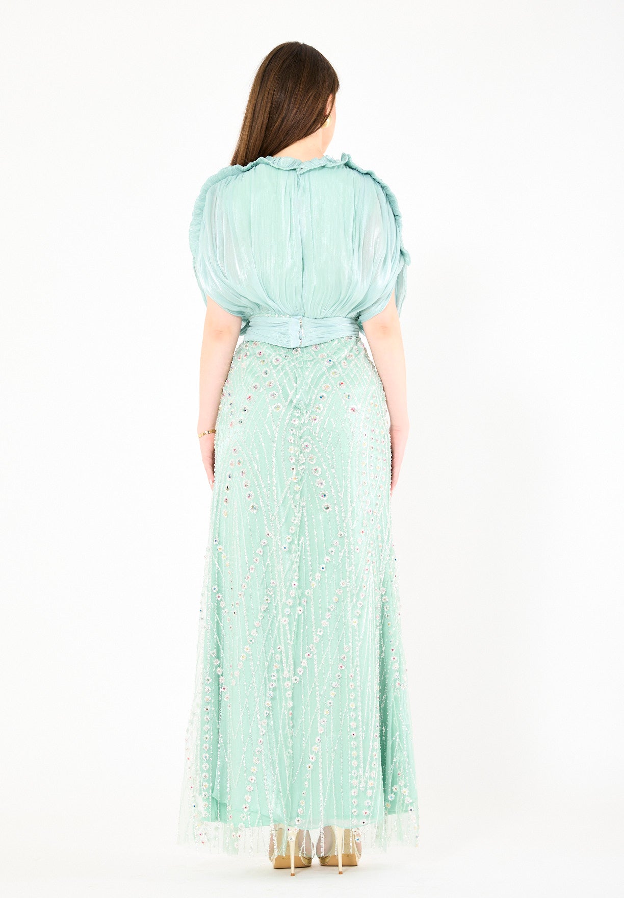 Embellished Blouson Gown with Dramatic Drape