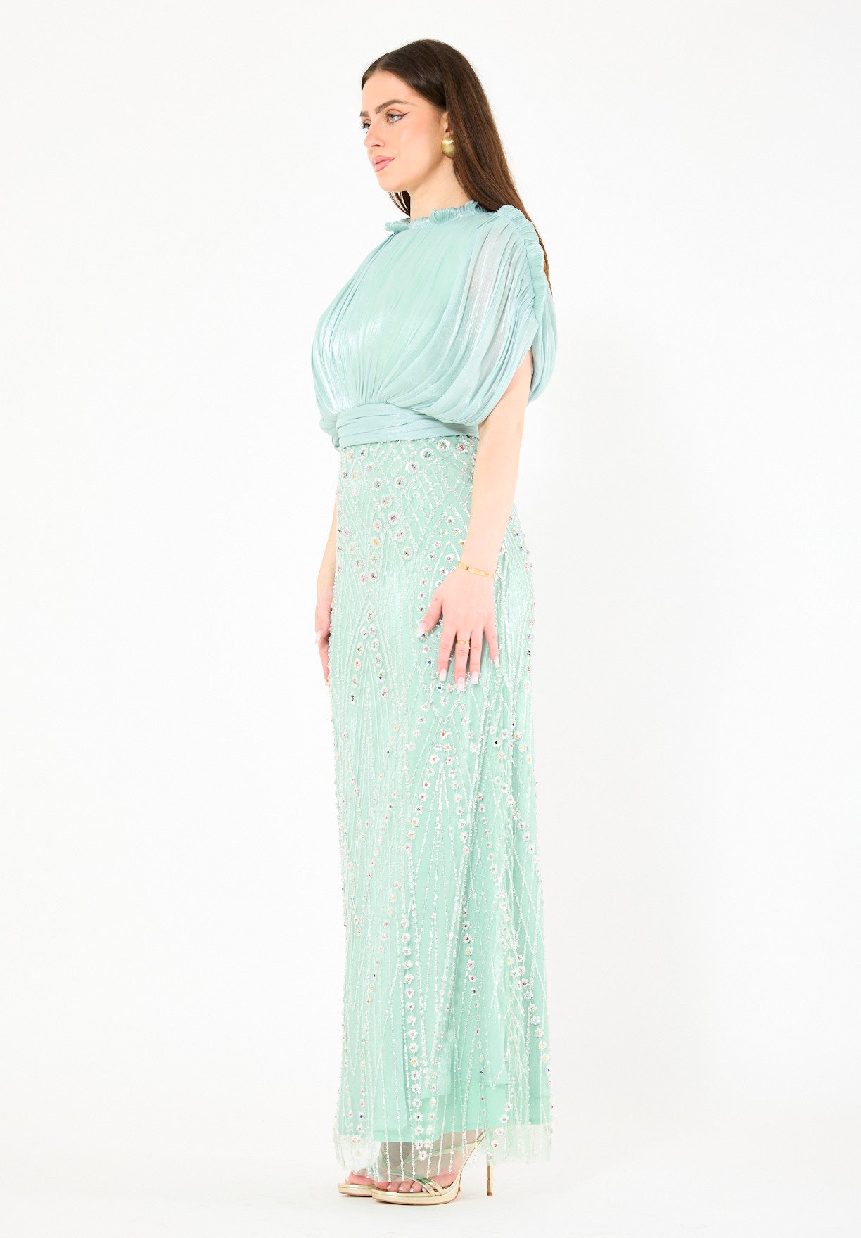 Embellished Blouson Gown with Dramatic Drape