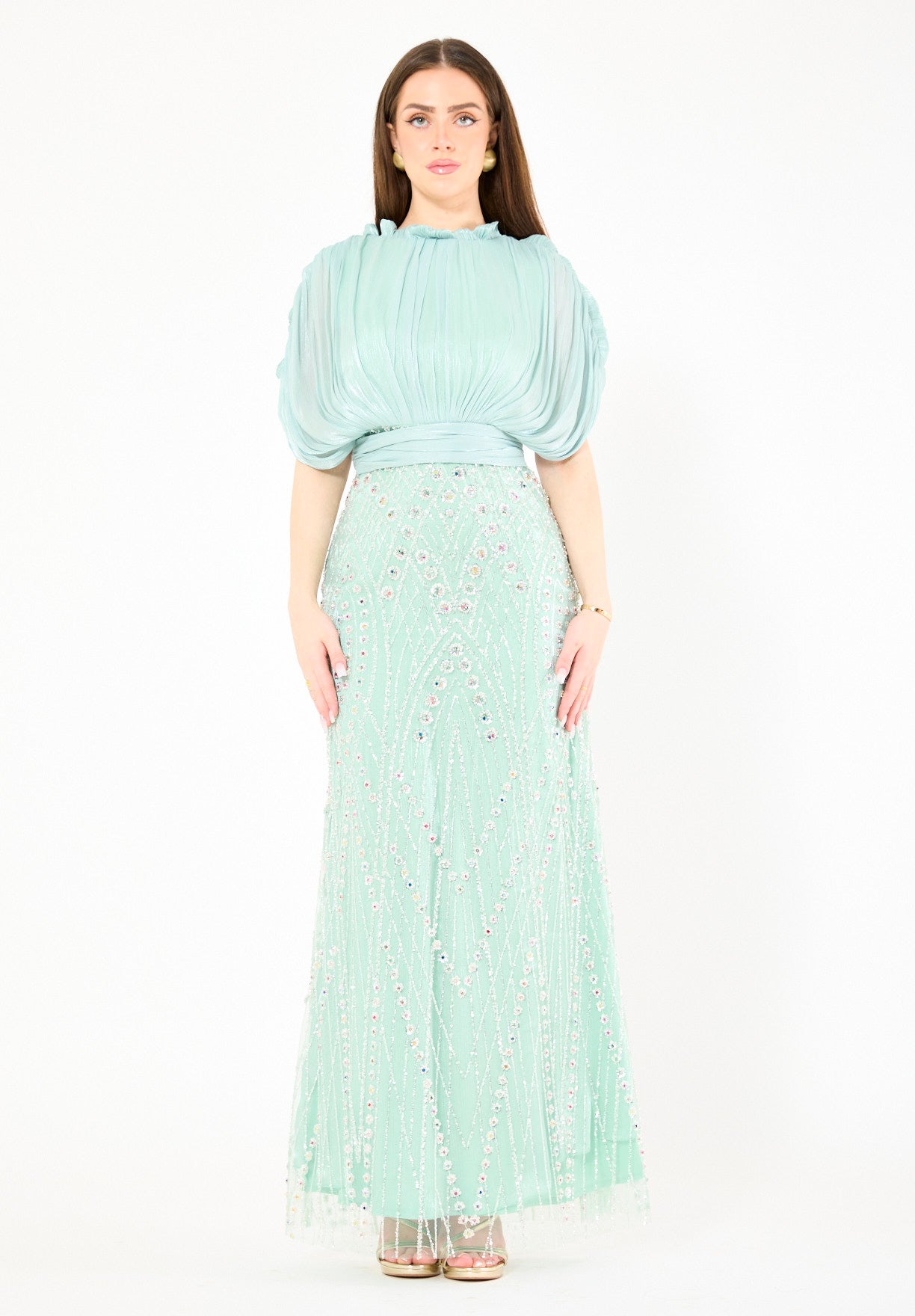 Embellished Blouson Gown with Dramatic Drape