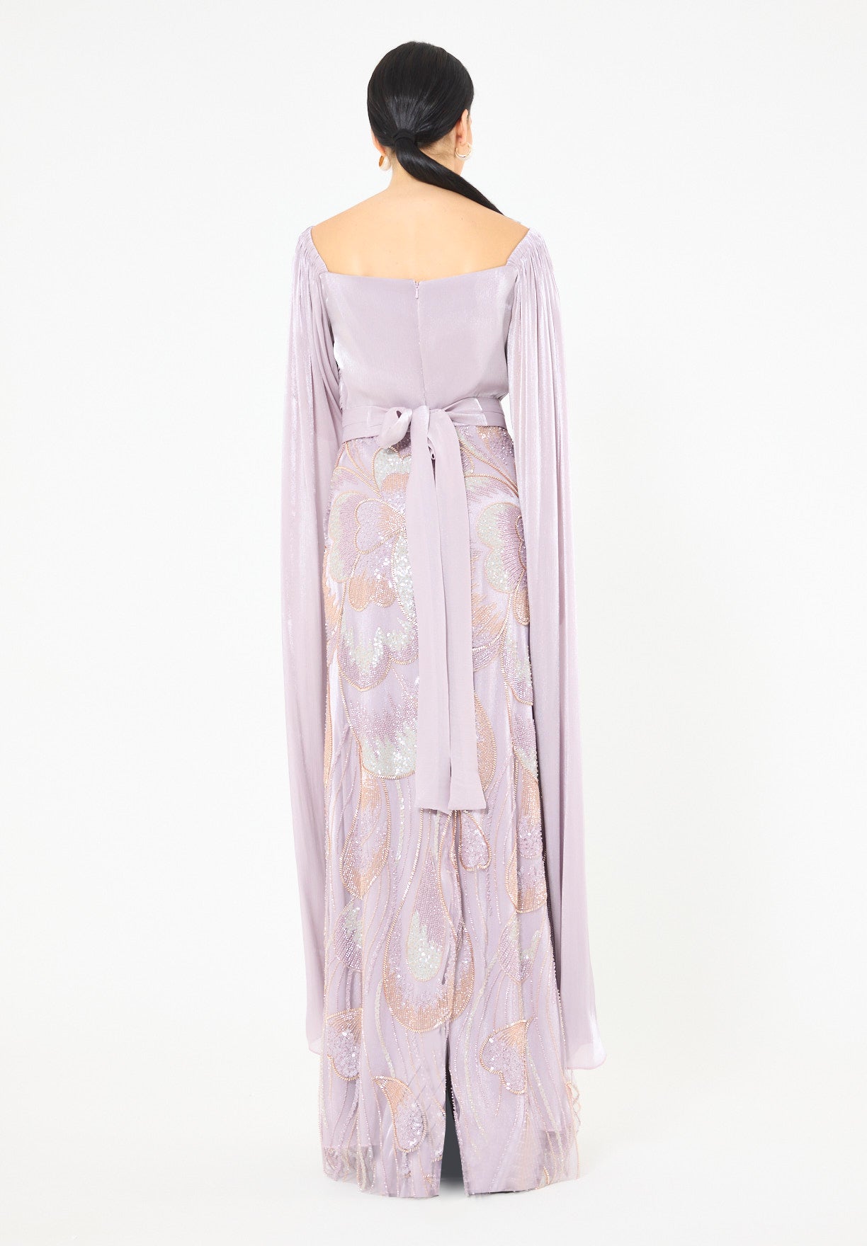 Draped Cape Gown with Iridescent Embellishments