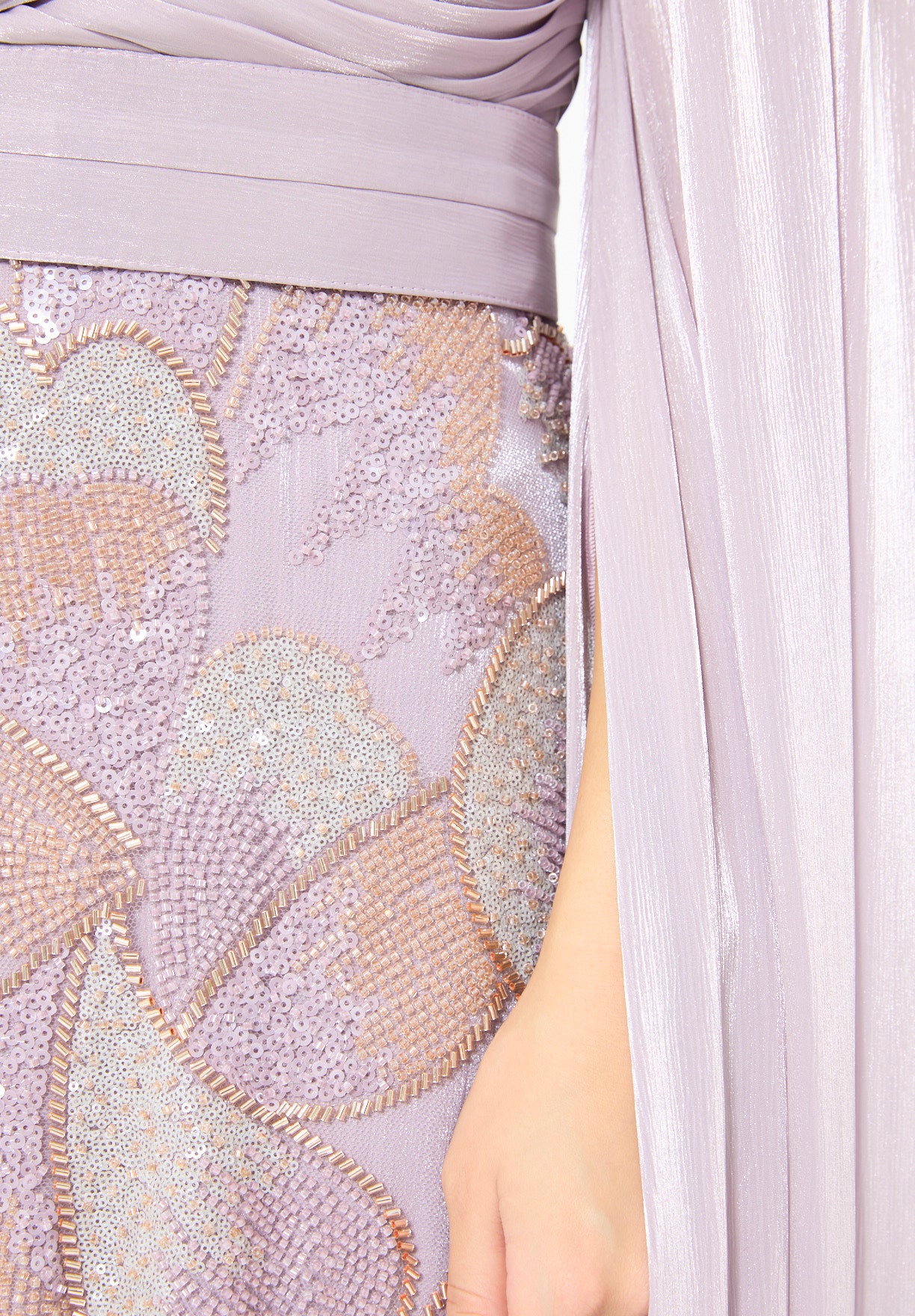 Draped Cape Gown with Iridescent Embellishments