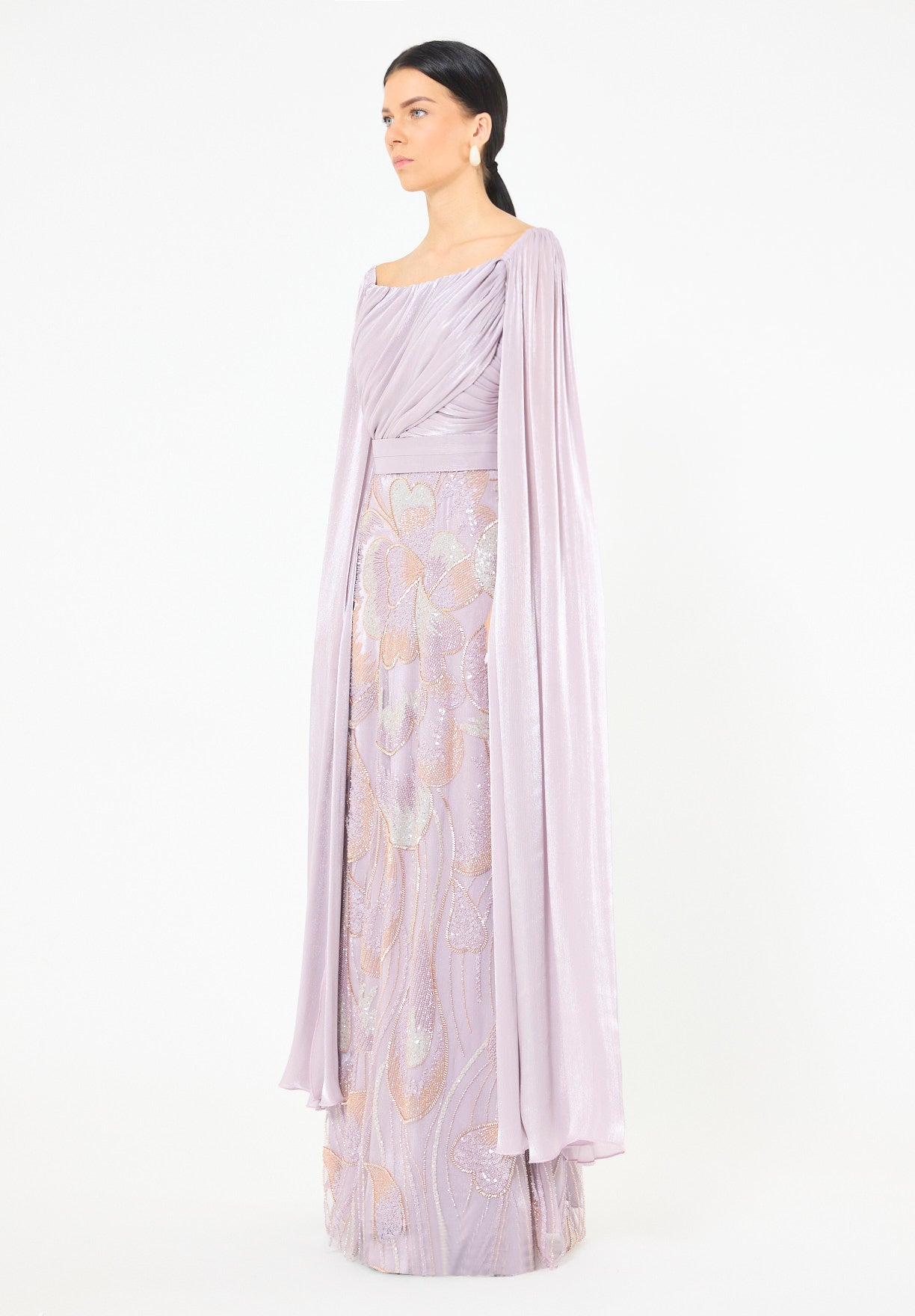 Draped Cape Gown with Iridescent Embellishments
