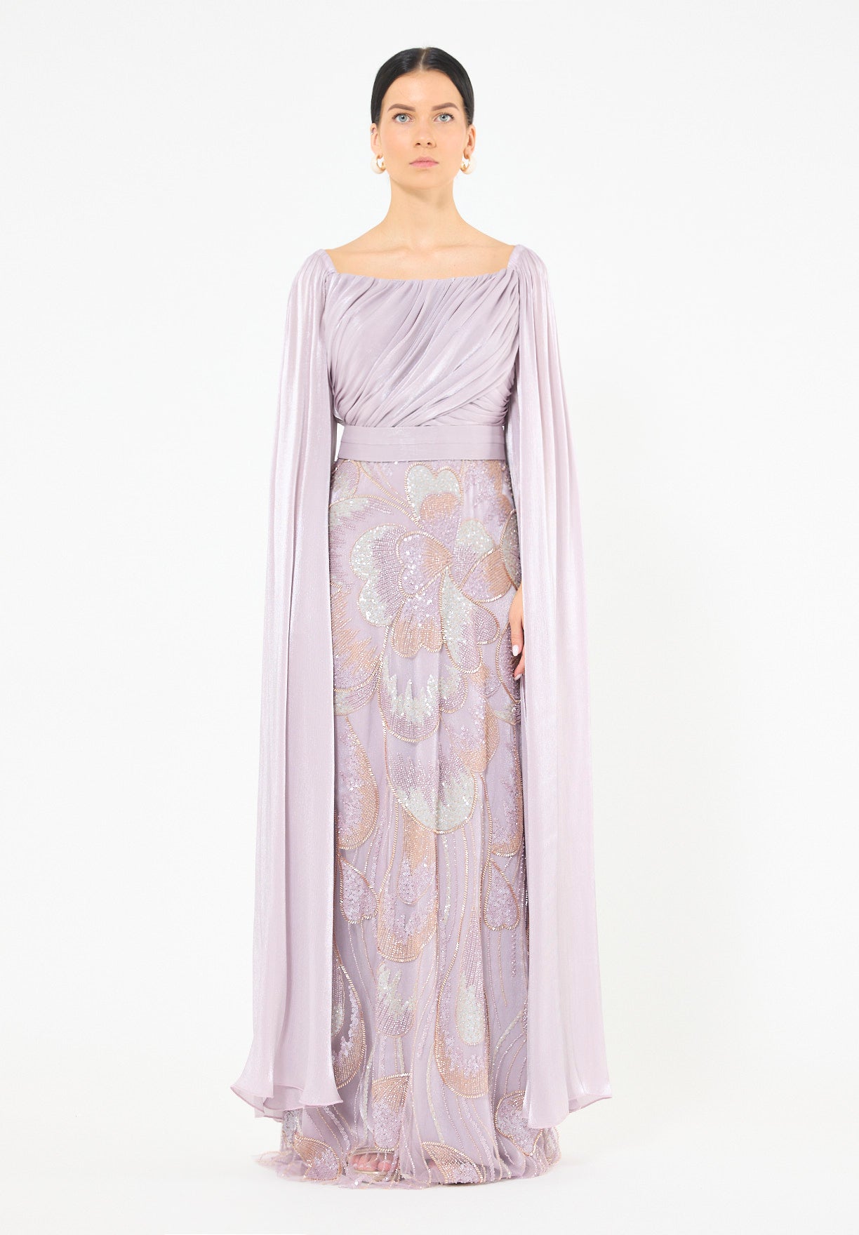 Draped Cape Gown with Iridescent Embellishments