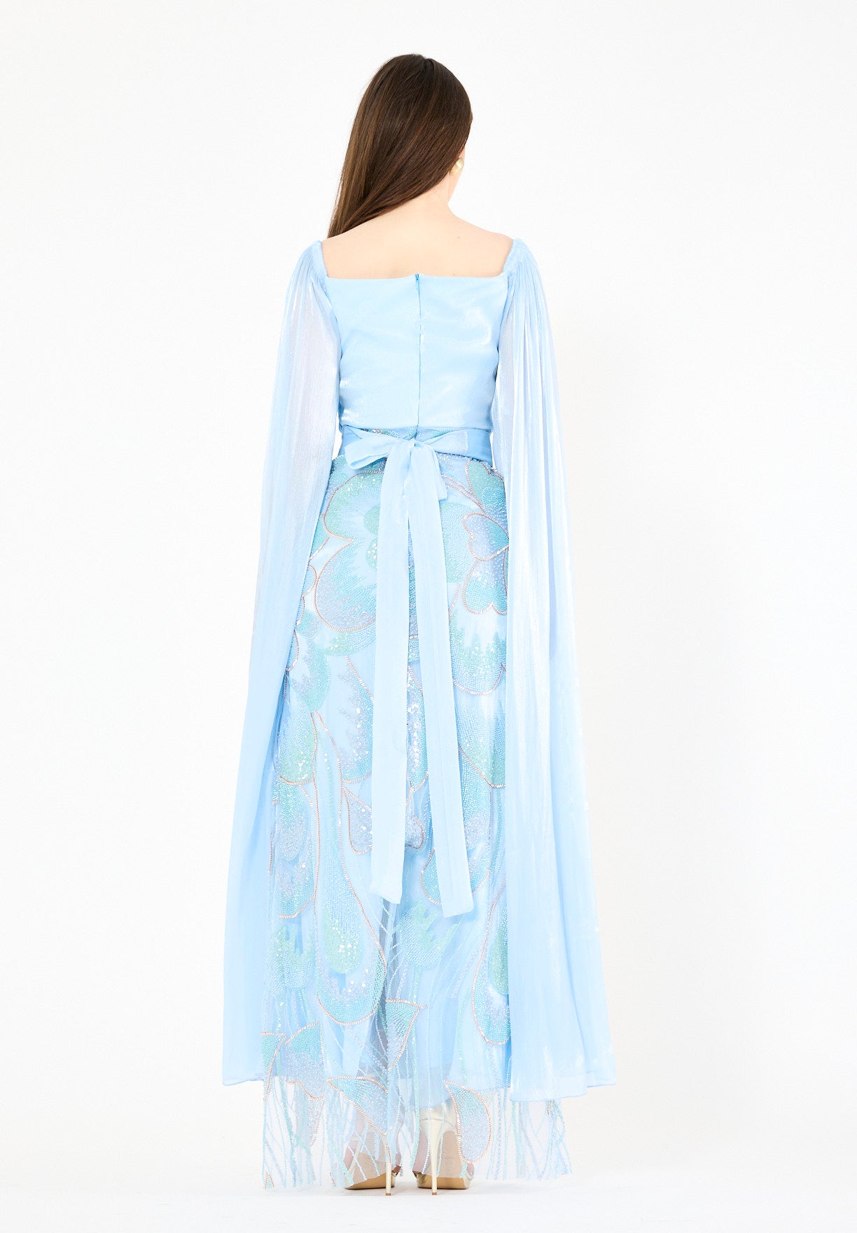 Draped Cape Gown with Iridescent Embellishments