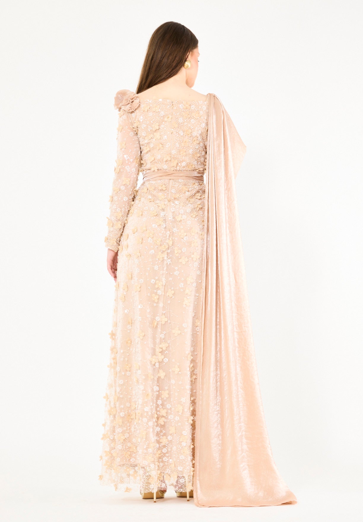 Floral 3D Embellished Gown with Draped Cascading Cape