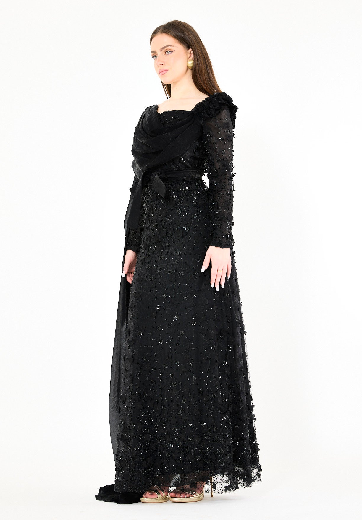 Floral 3D Embellished Gown with Draped Cascading Cape
