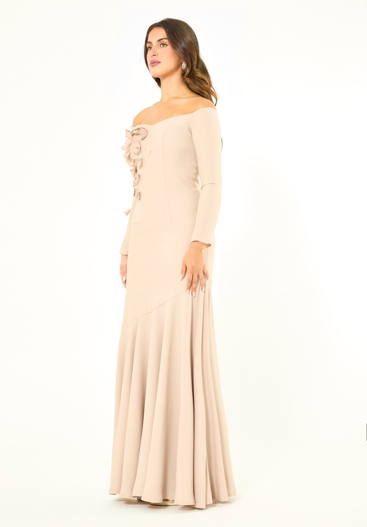 Elegant 3D Petal Adorned Off-Shoulder Gown