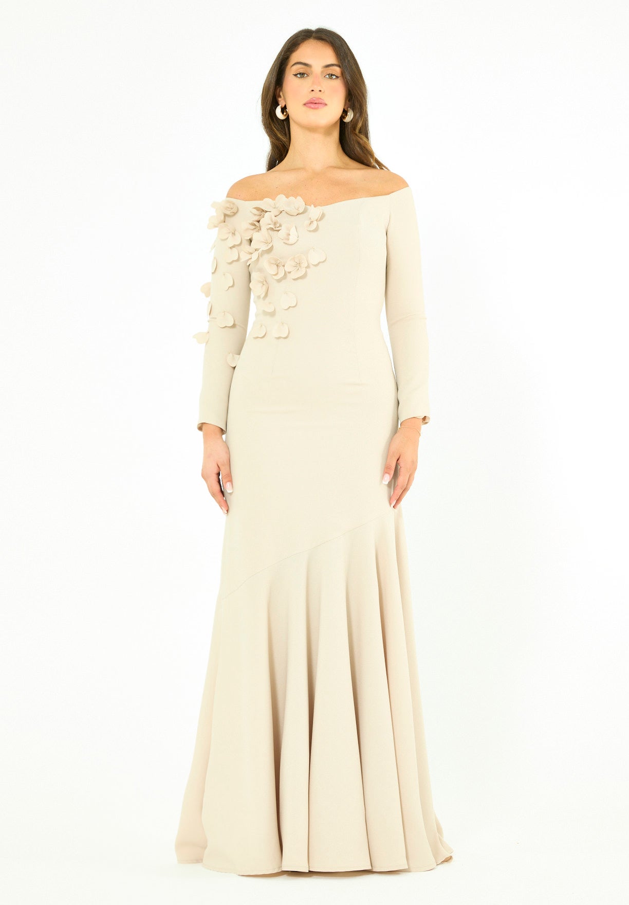 Elegant 3D Petal Adorned Off-Shoulder Gown