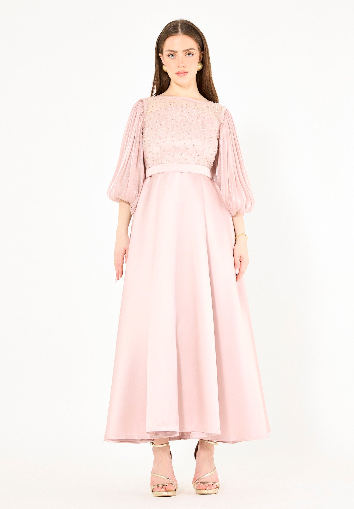 Embellished Satin Midi Dress with Pleated Organza Sleeves