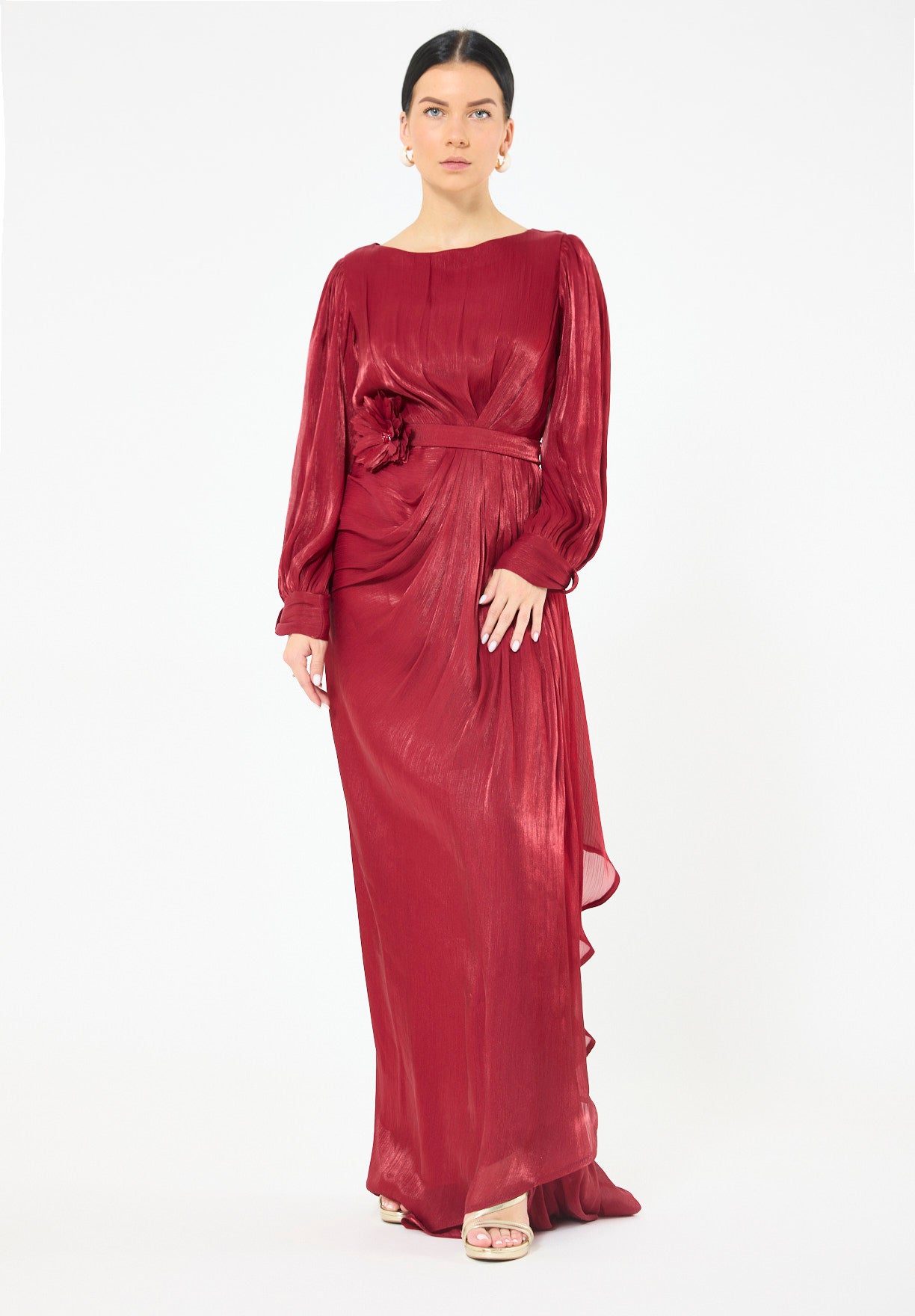 Glossy Fuild Drape Gown with Belted Waist and Floral Accent