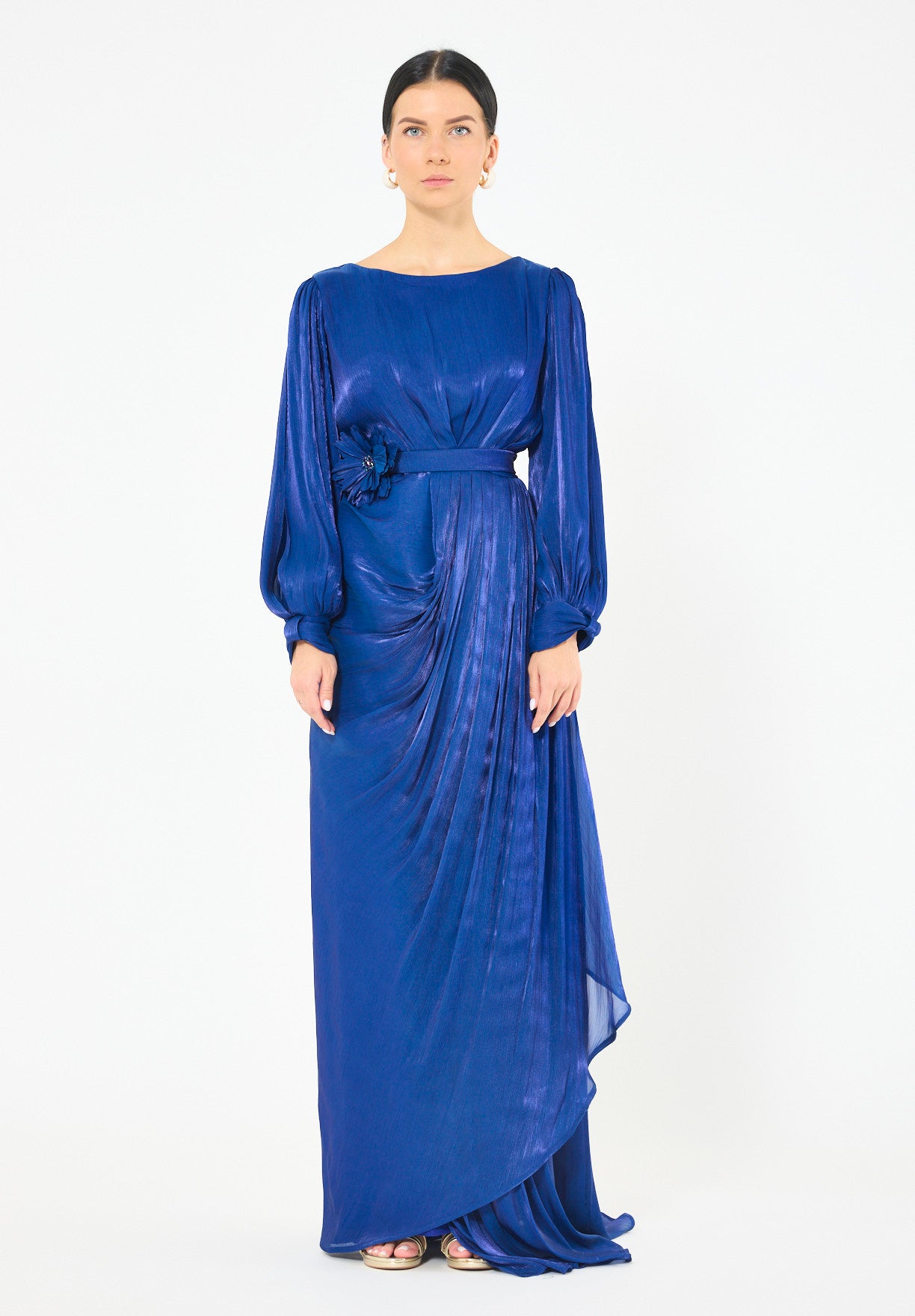 Glossy Fuild Drape Gown with Belted Waist and Floral Accent