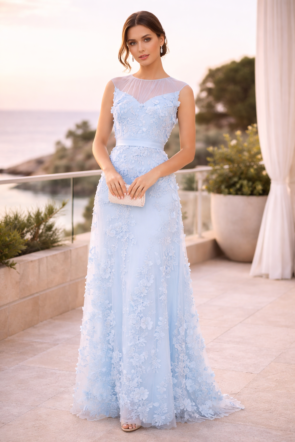 Floral Appliqué Overlay Gown