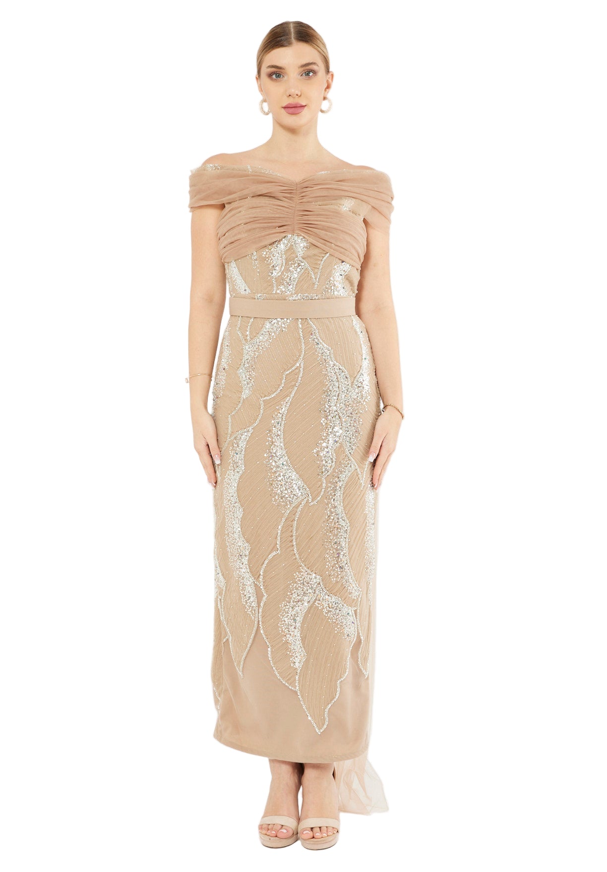 All-Over Embellished Draped Tulle Gown