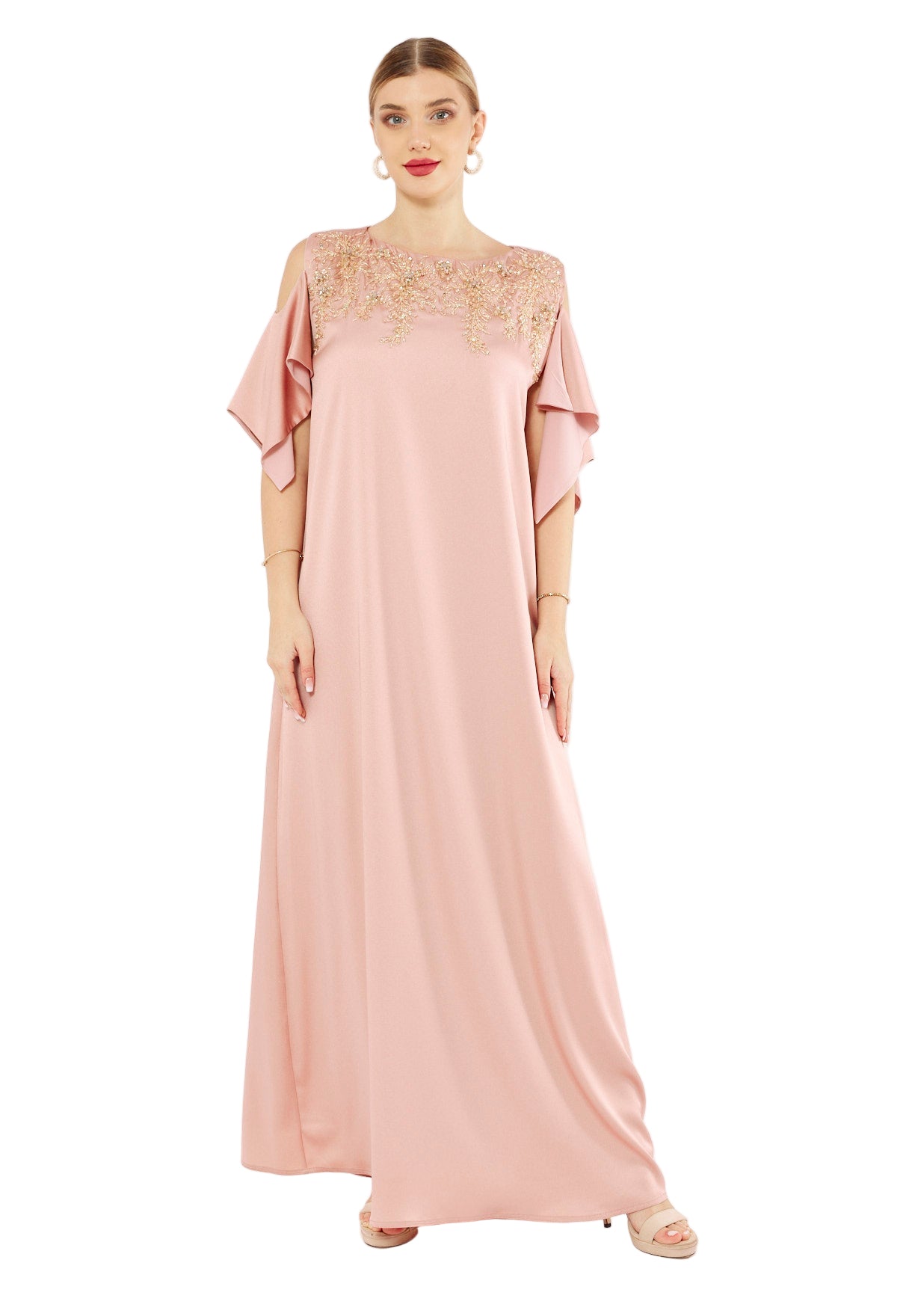 Satin Ruffle Sleeve Gown
