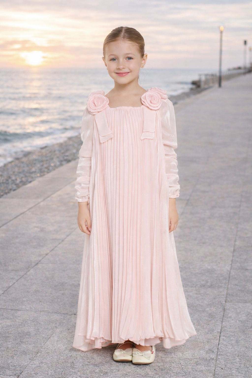 Pleated Organza Rosette Gown