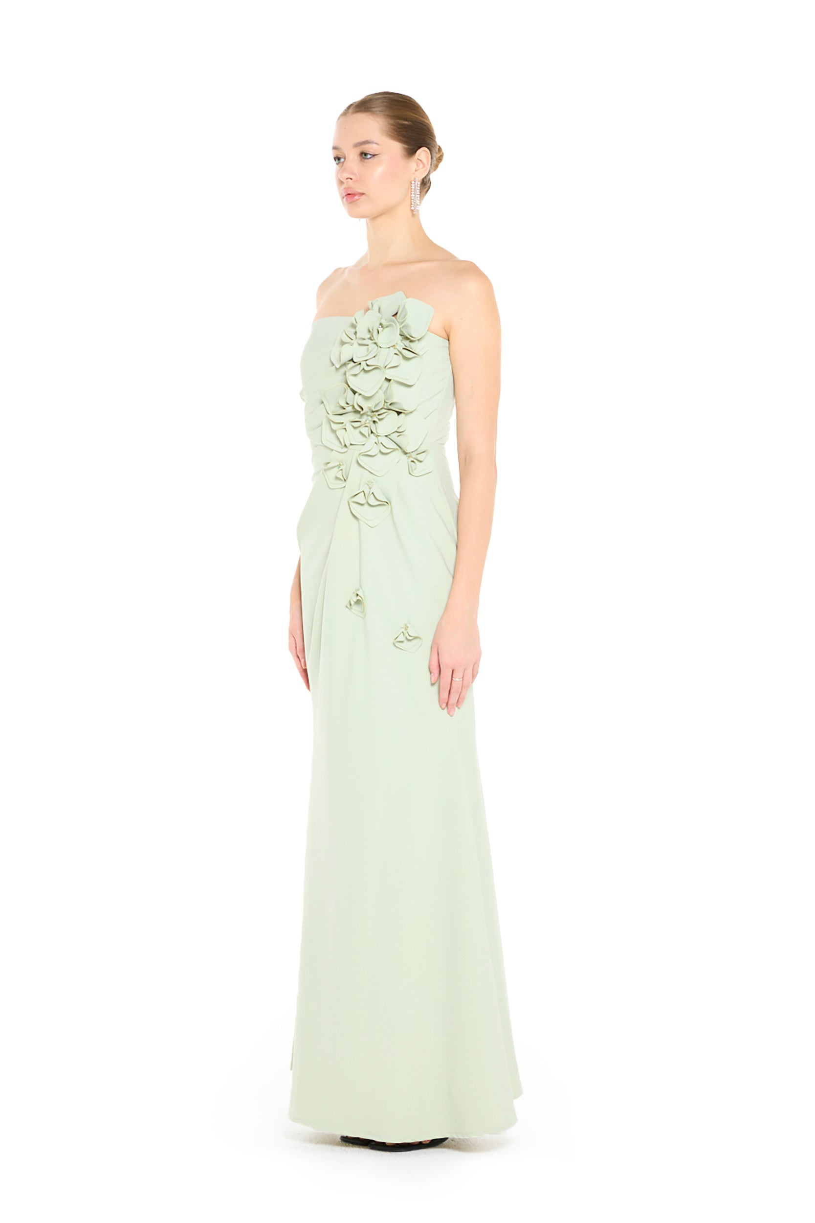 Strapless Draped Gown with Sculptural Floral Appliqué