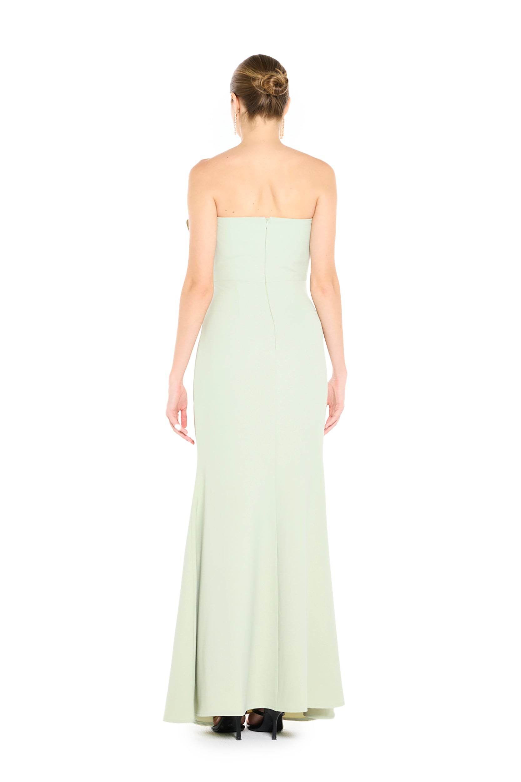 Strapless Draped Gown with Sculptural Floral Appliqué