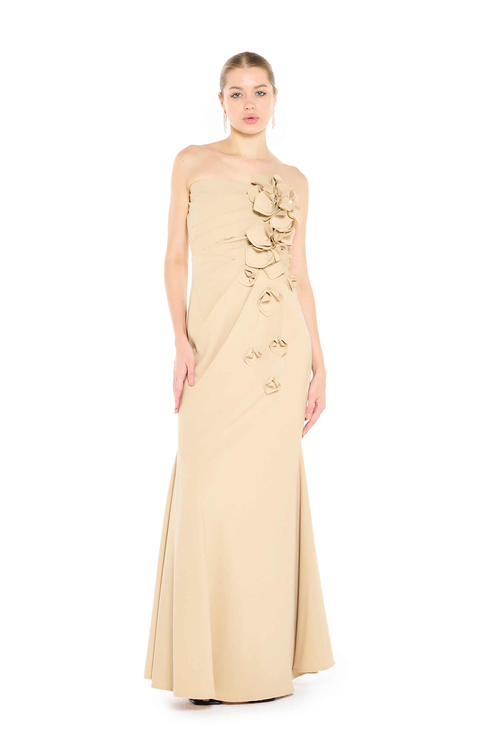Strapless Draped Gown with Sculptural Floral Appliqué