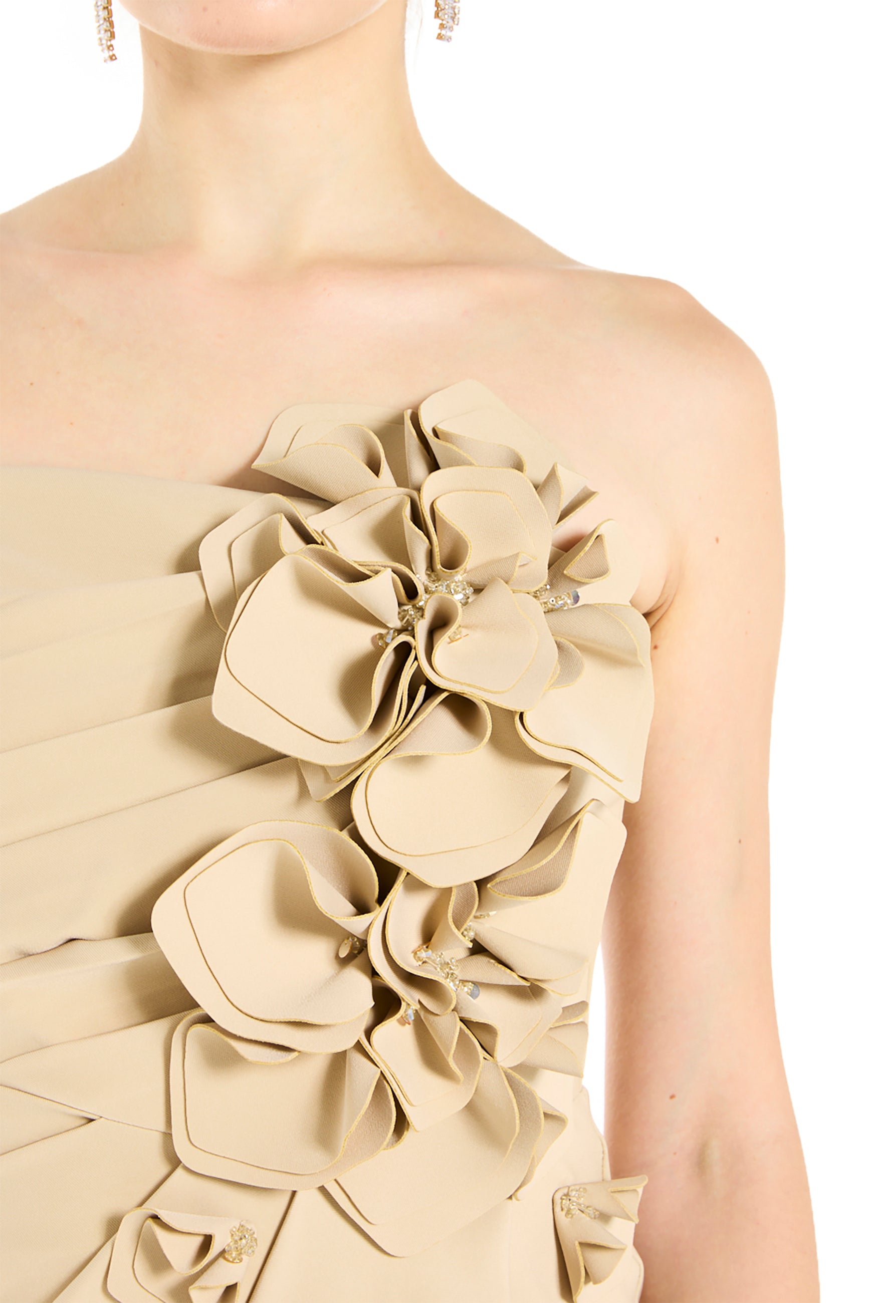 Strapless Draped Gown with Sculptural Floral Appliqué