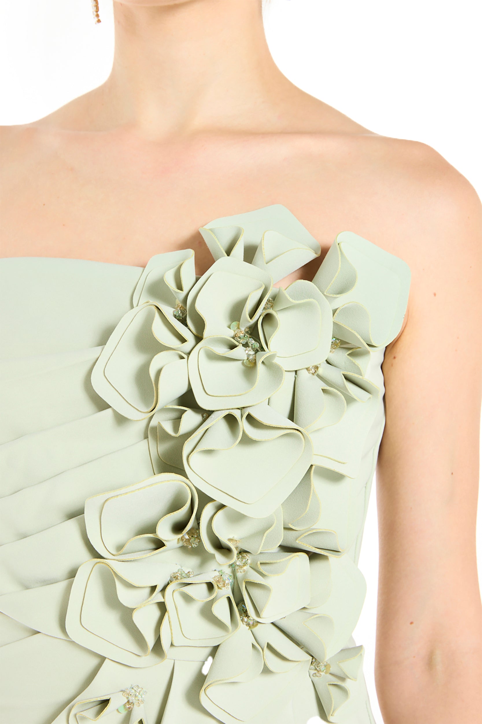 Strapless Draped Gown with Sculptural Floral Appliqué