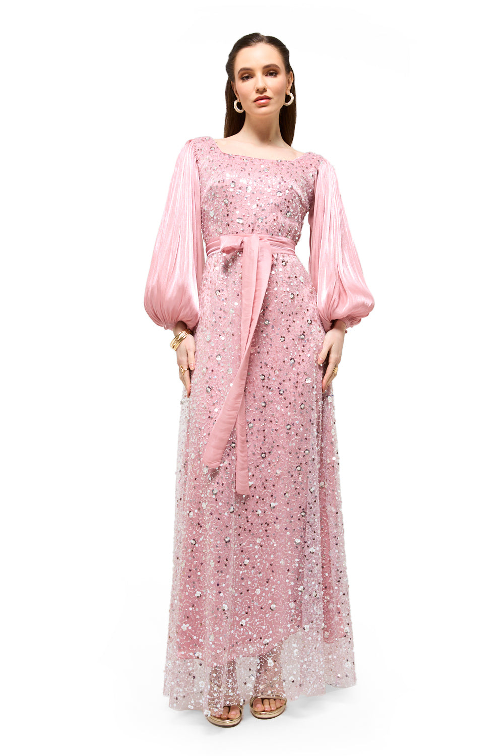 Sequin Embellished Balloon Sleeve Maxi Dress