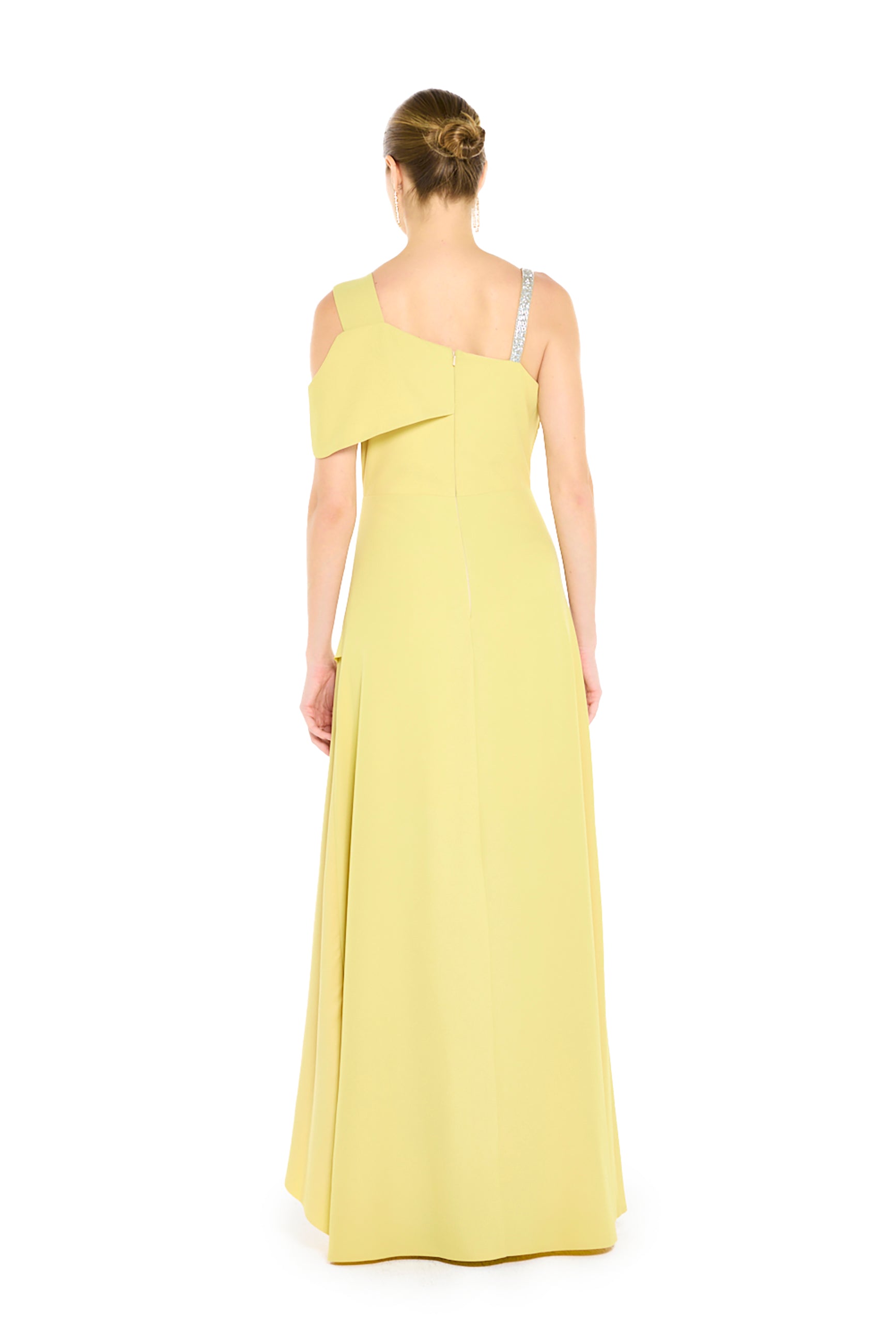 Asymmetric Maxi Dress with Sculptural Floral Appliqué