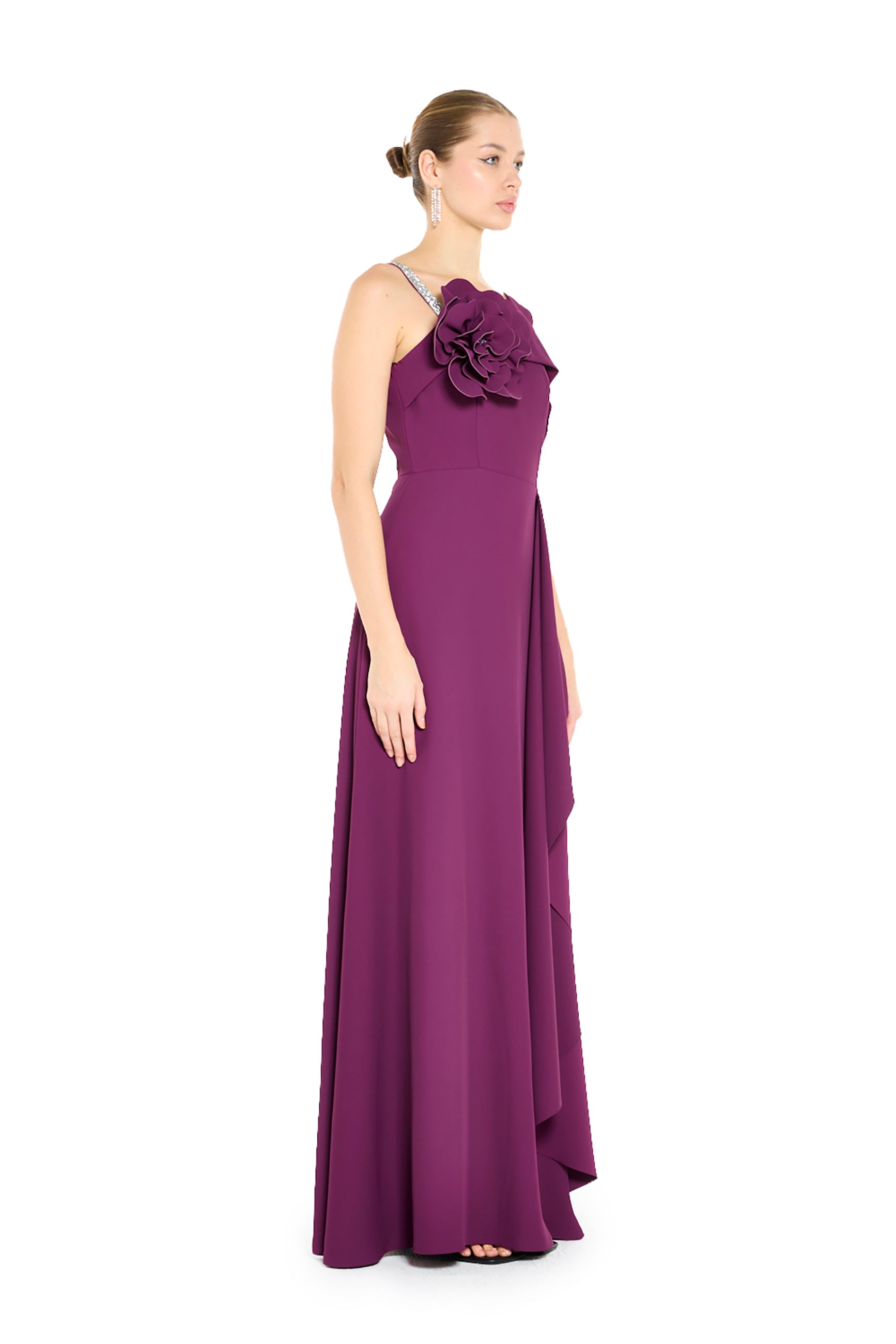 Asymmetric Maxi Dress with Sculptural Floral Appliqué