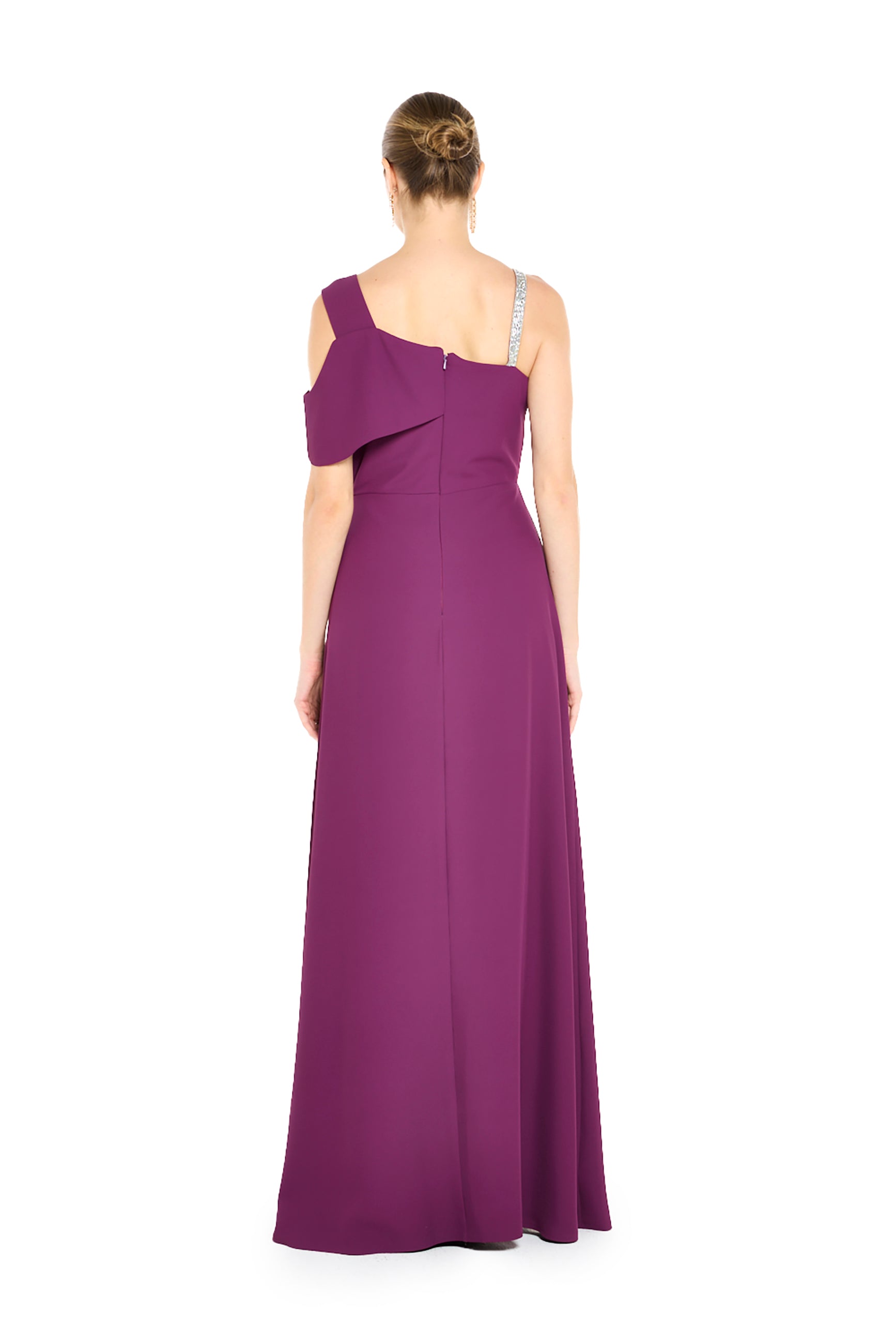 Asymmetric Maxi Dress with Sculptural Floral Appliqué