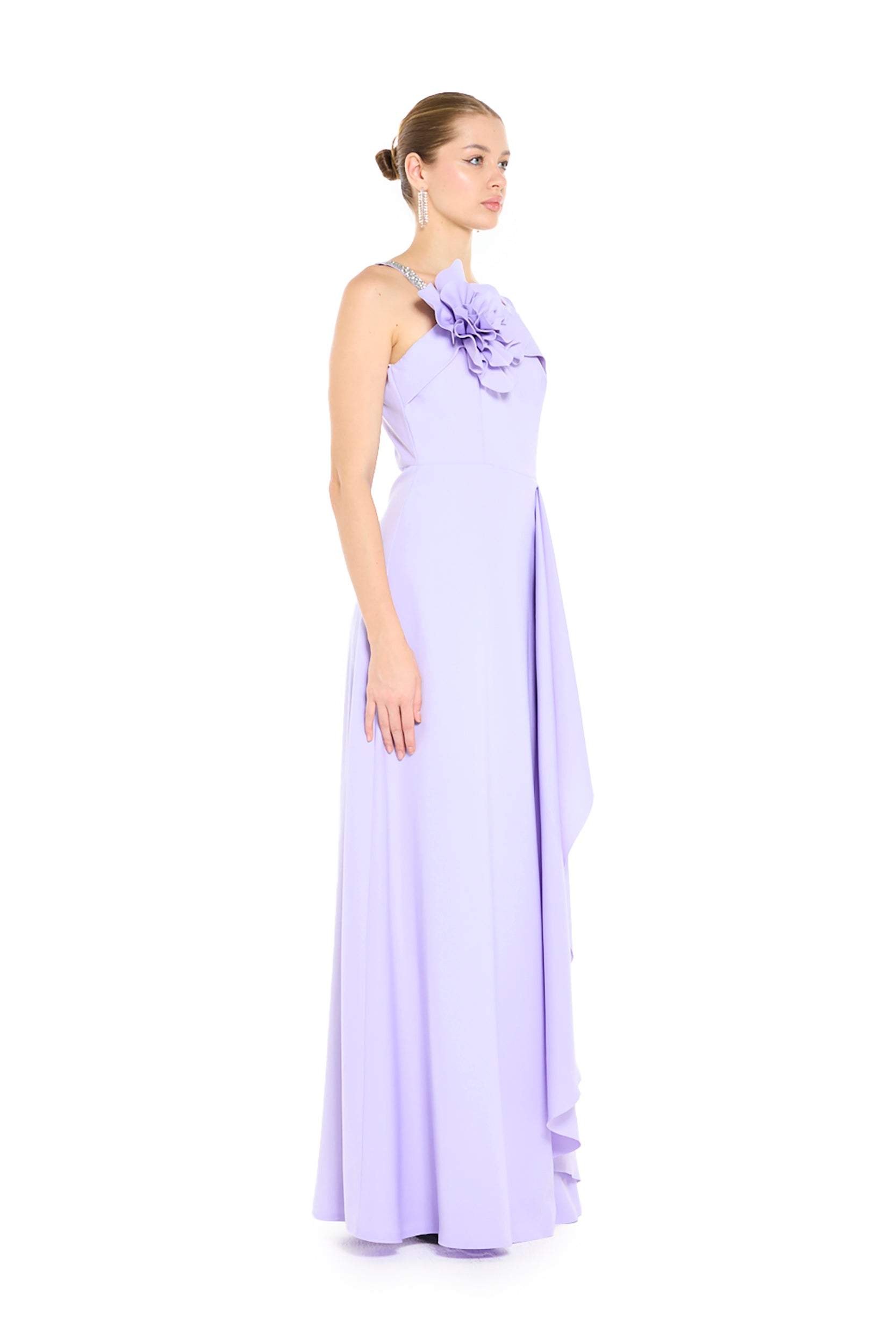 Asymmetric Maxi Dress with Sculptural Floral Appliqué