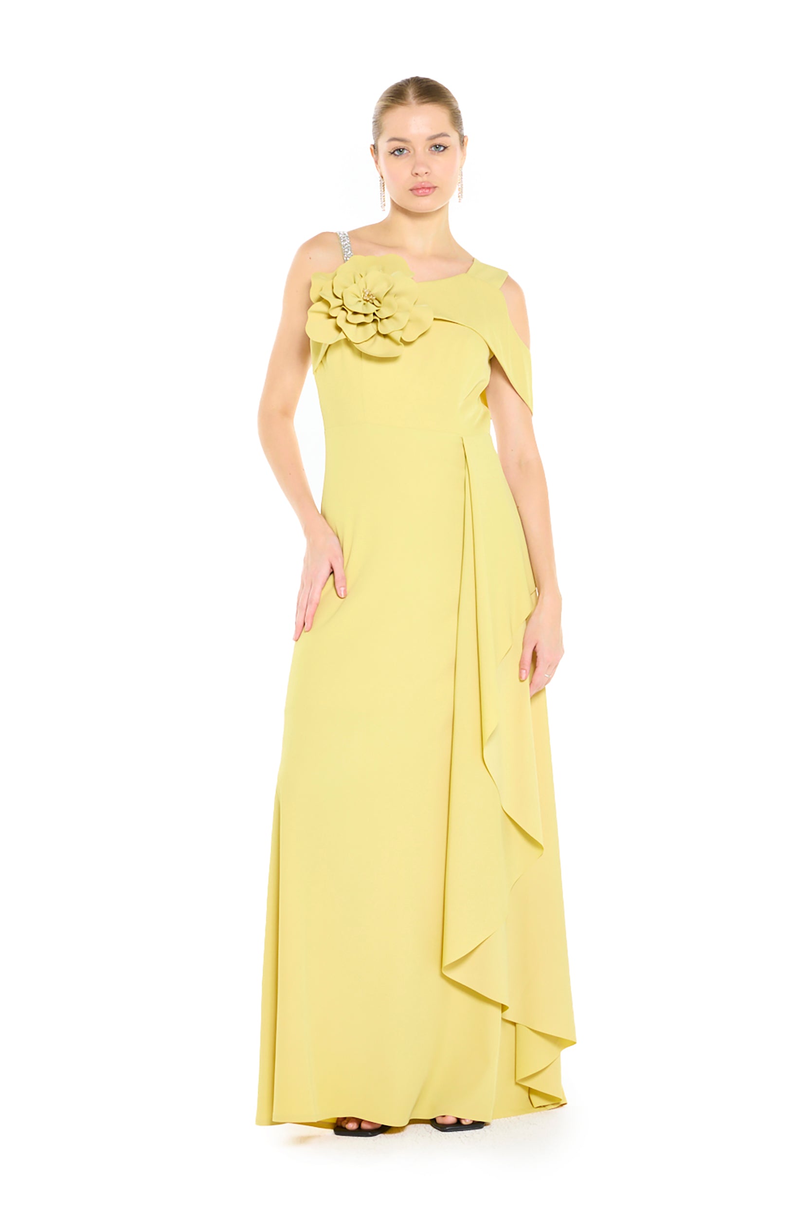Asymmetric Maxi Dress with Sculptural Floral Appliqué