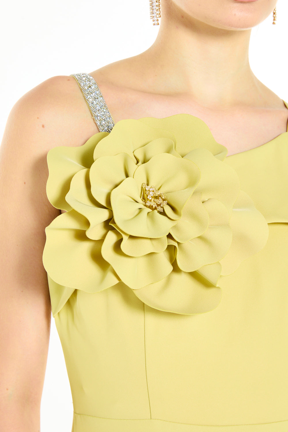 Asymmetric Maxi Dress with Sculptural Floral Appliqué