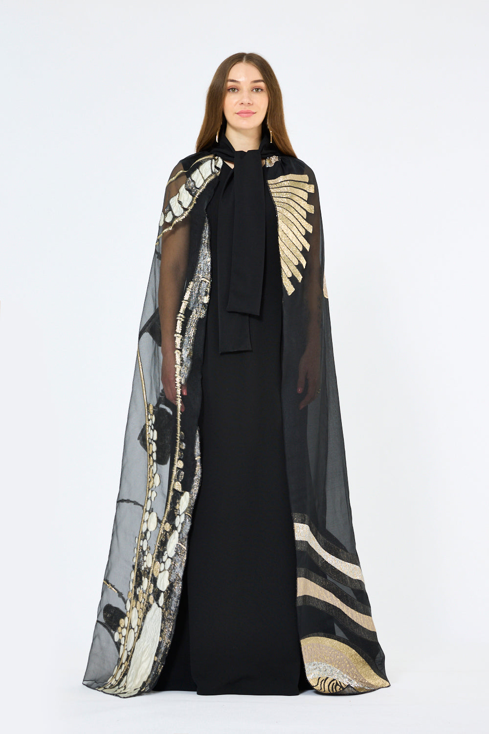 Abstract Metallic Artwork Cape Gown