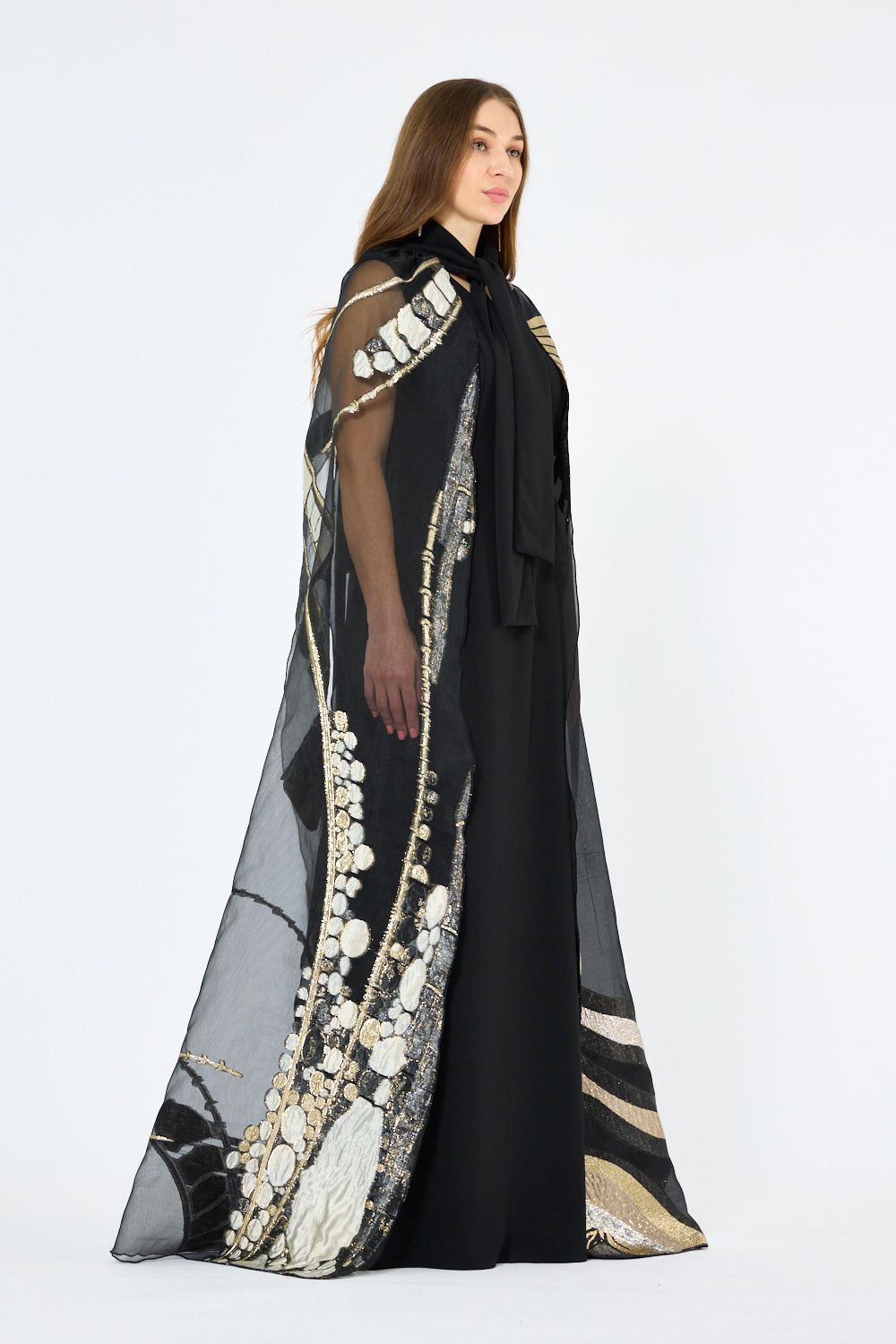 Abstract Metallic Artwork Cape Gown