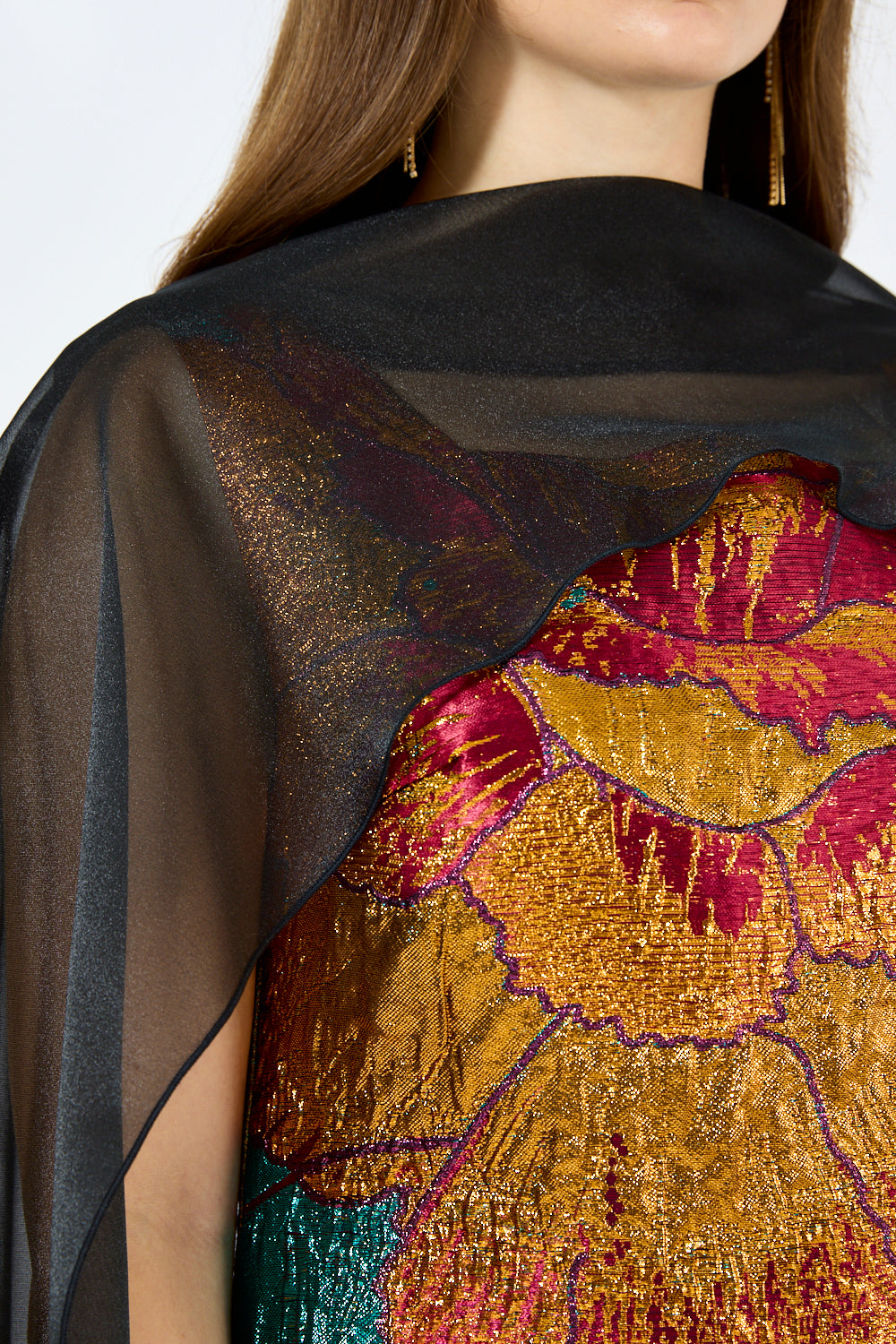 Floral Metallic Jacquard Cape Overlay Evening Gown