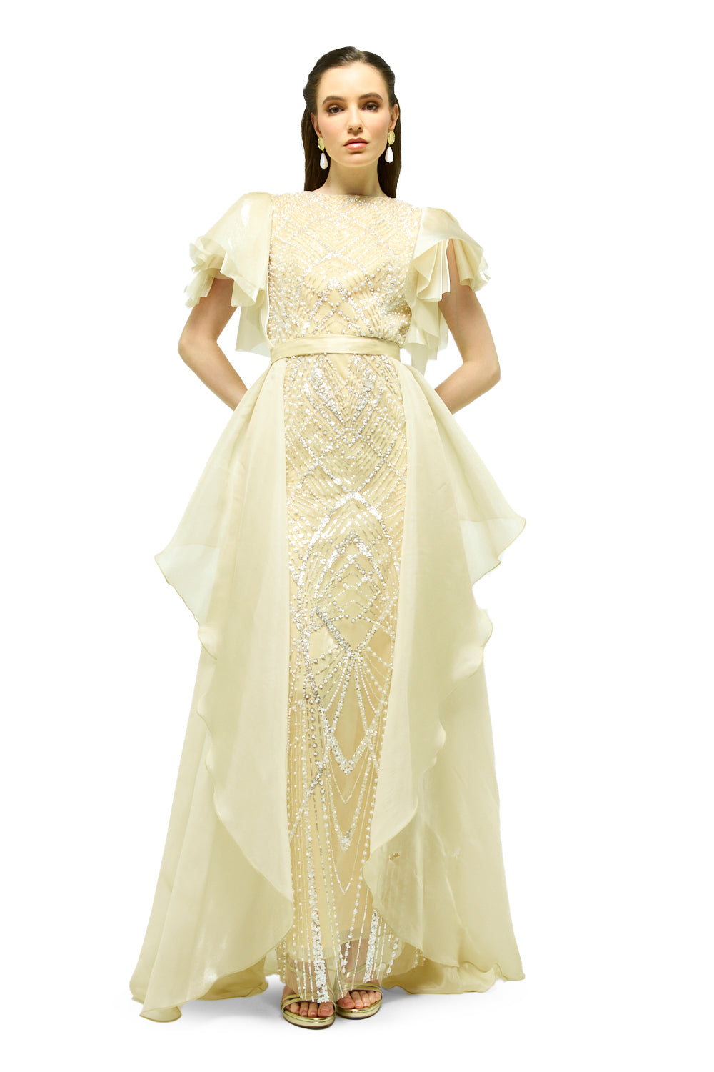 Ruffle Layer Overlay Embellished Gown