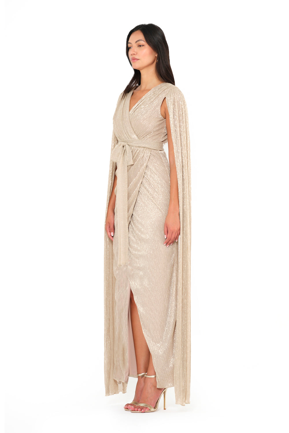 Shimmer Drape Cape Wrap Gown