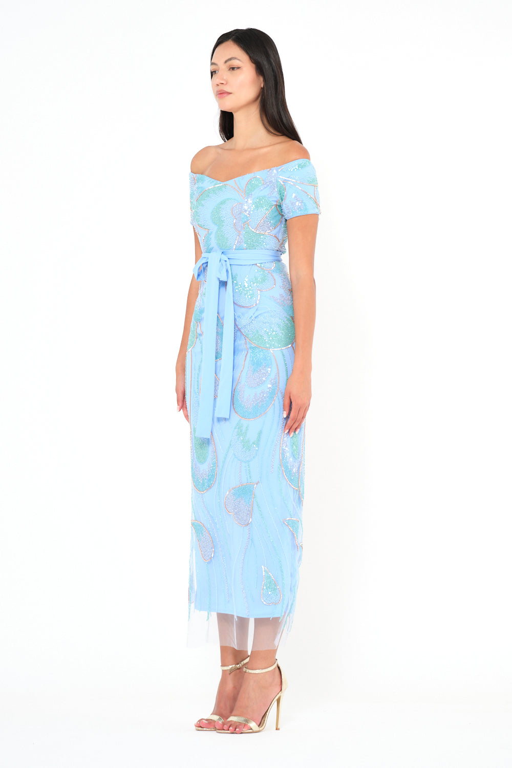 Off-Shoulder Sequin Swirl Midi Dress