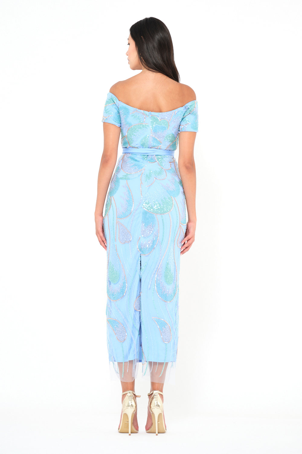 Off-Shoulder Sequin Swirl Midi Dress