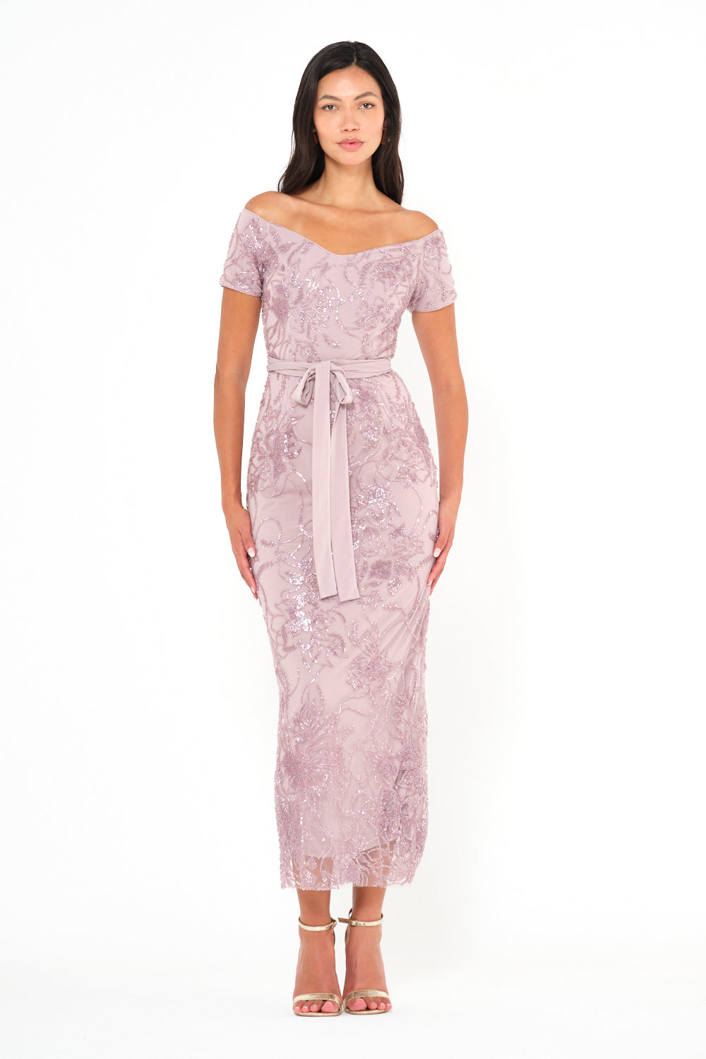 Off-Shoulder Sequin Swirl Midi Dress
