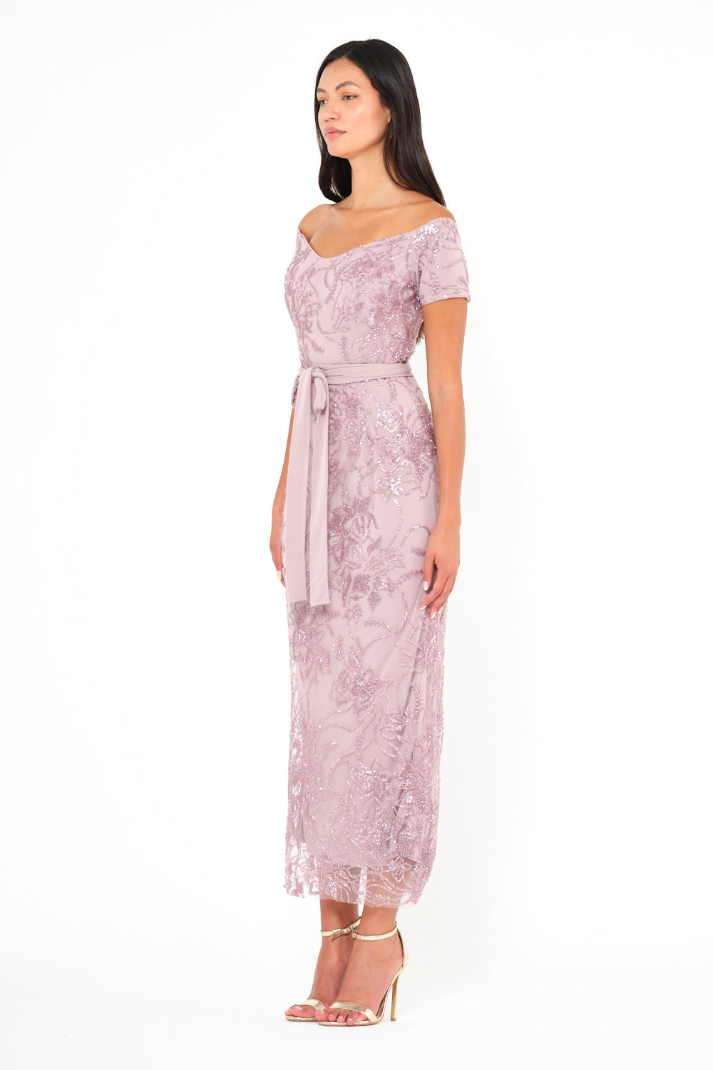 Off-Shoulder Sequin Swirl Midi Dress