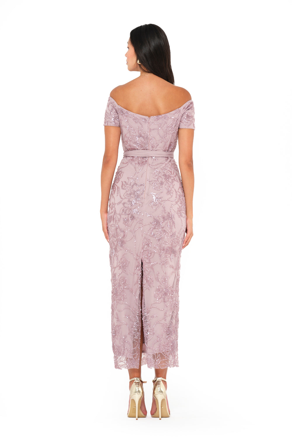 Off-Shoulder Sequin Swirl Midi Dress