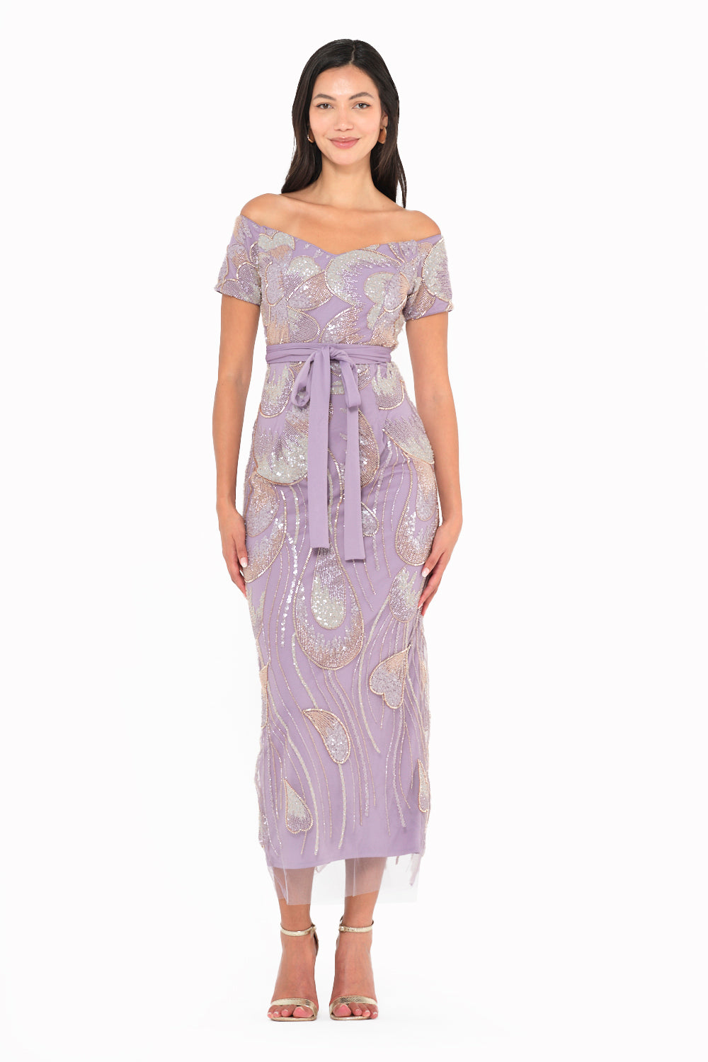 Off-Shoulder Sequin Swirl Midi Dress