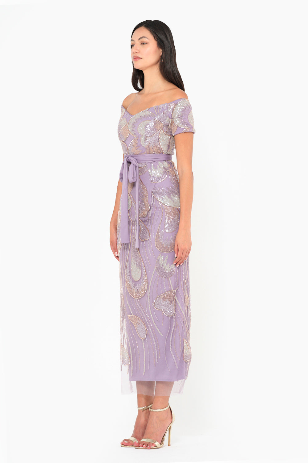 Off-Shoulder Sequin Swirl Midi Dress