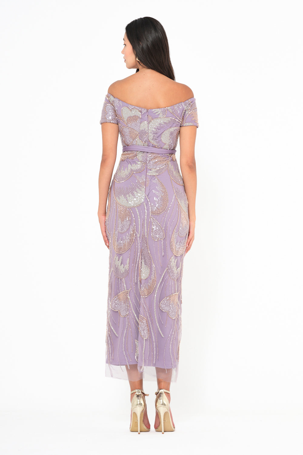 Off-Shoulder Sequin Swirl Midi Dress