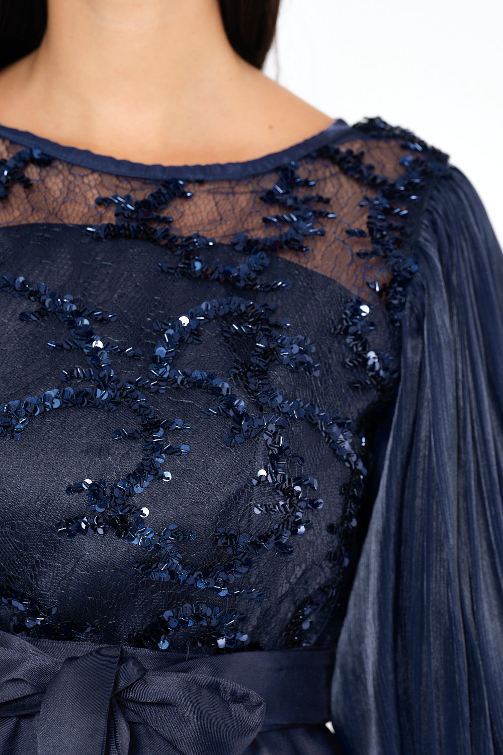 Embroidered Illusion Bodice Bow Midi Dress