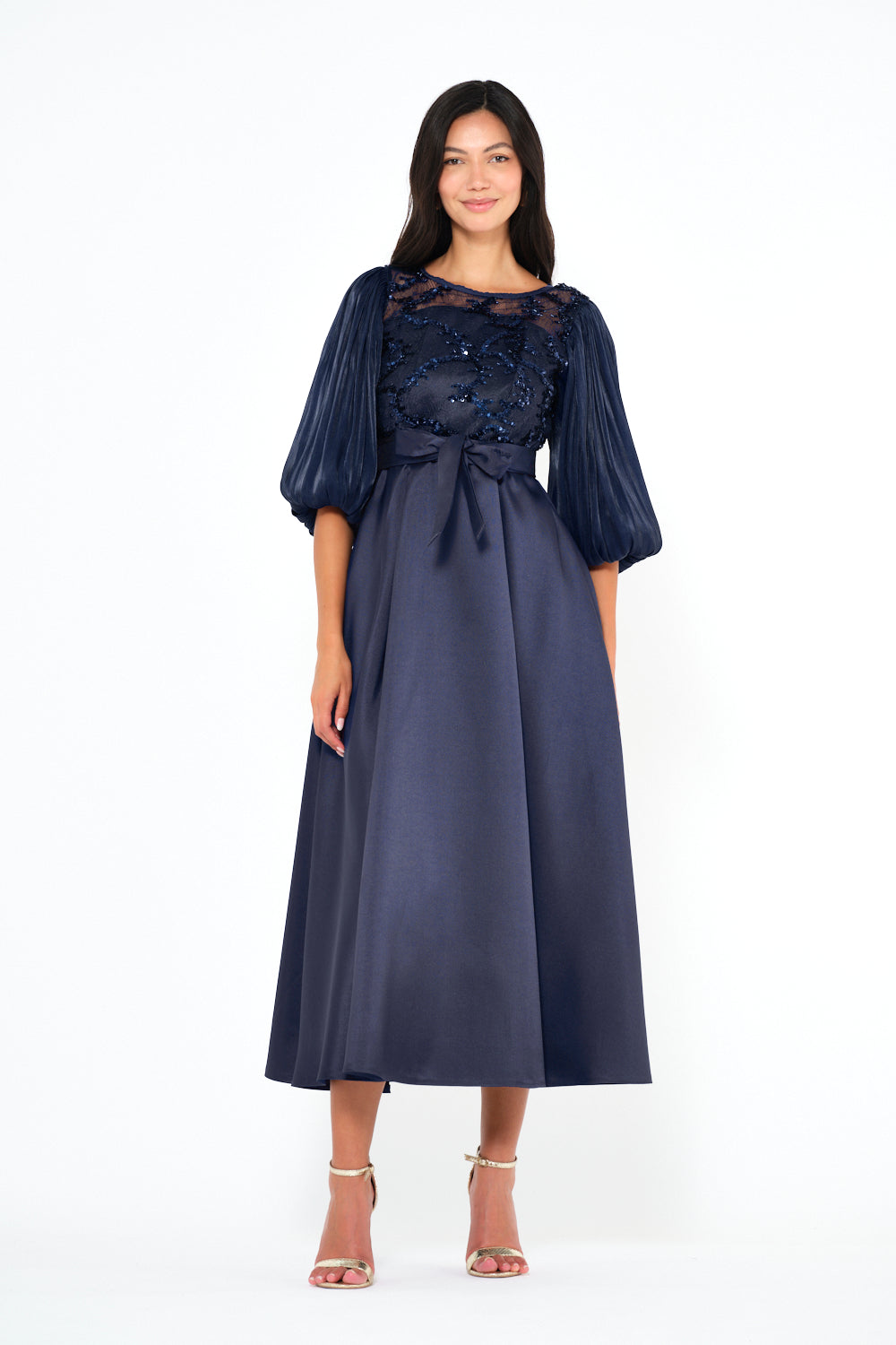 Embroidered Illusion Bodice Bow Midi Dress